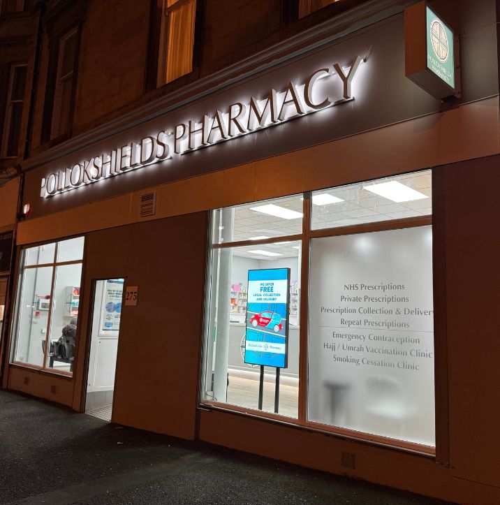 Pollokshields Pharmacy storefront on Maxwell Road, Glasgow